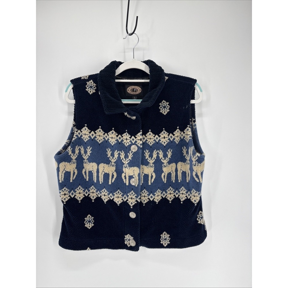 County Clothing Co Size Large Blue Fleece Vest Fair Isle Reindeer Deer Snowflake